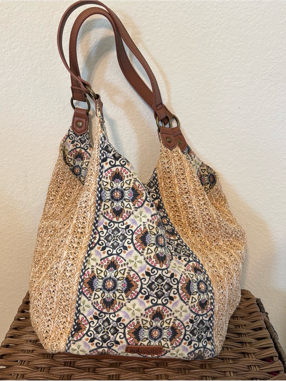 Sakroots Tan Woven Hobo Shoulder Bag with Multicolor Pattern Panels